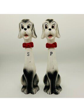 Japan Long Neck Dog Salt Pepper Shakers Ceramic Black White Red Bow Tie Vintage